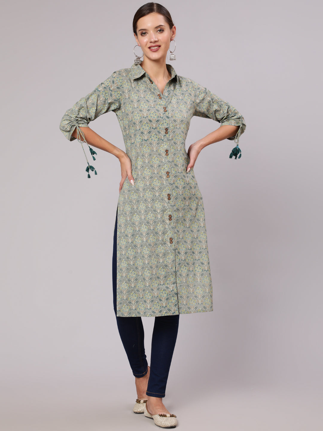 Grey Cotton Printed Shirt Style Kurta With Tasseled Three-Fourth Pull Up Sleeves