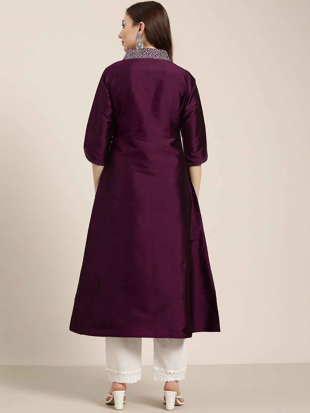 Purple Silk Blend Angrakha Style A-Line Embroidered Kurta