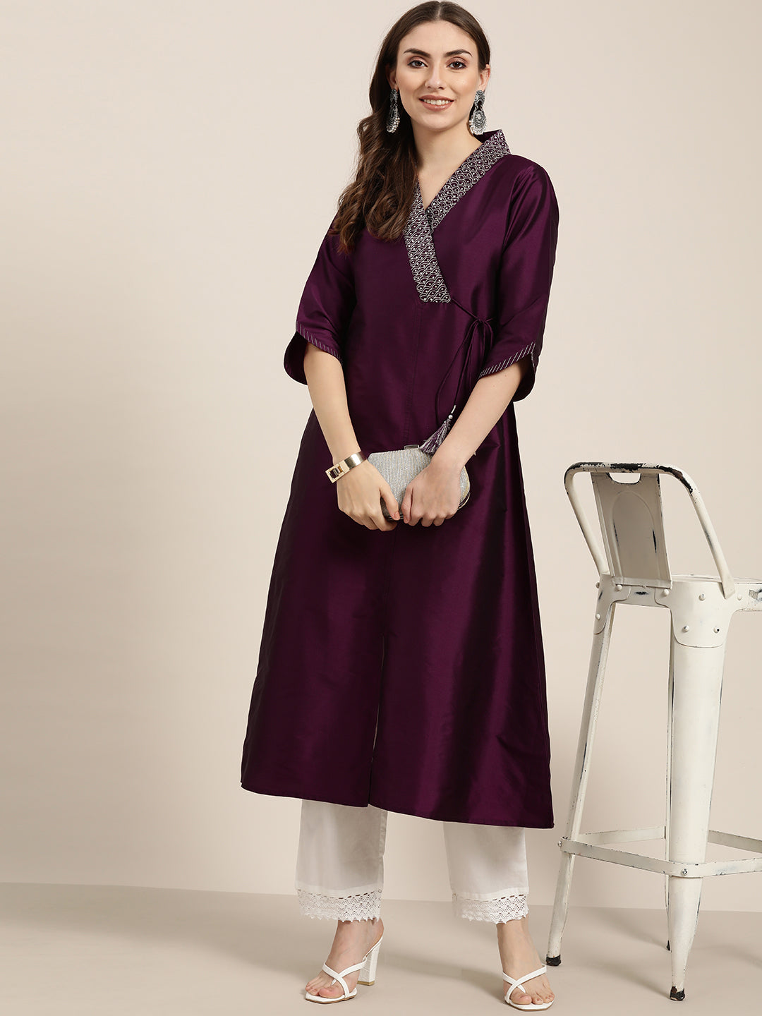 Purple Silk Blend Angrakha Style A-Line Embroidered Kurta