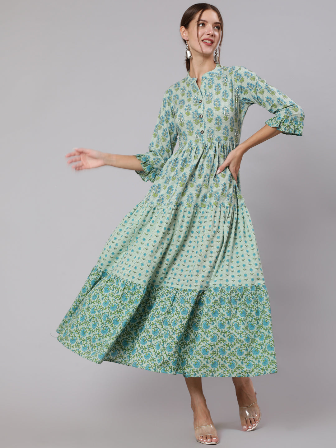 Green Color Cotton Embellished Floral Block Printed Dress With Three-Fourth Sleeves