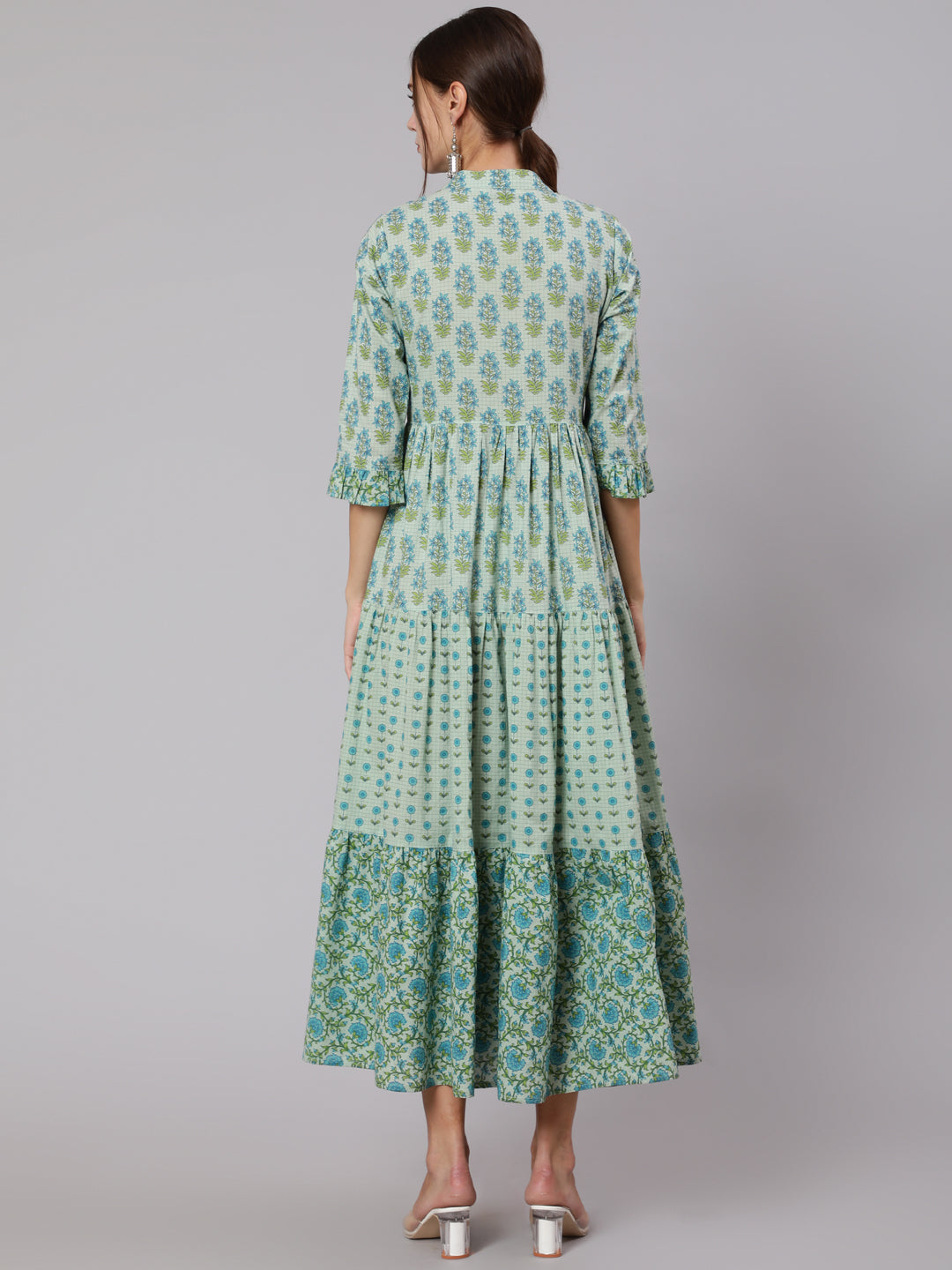 Green Color Cotton Embellished Floral Block Printed Dress With Three-Fourth Sleeves