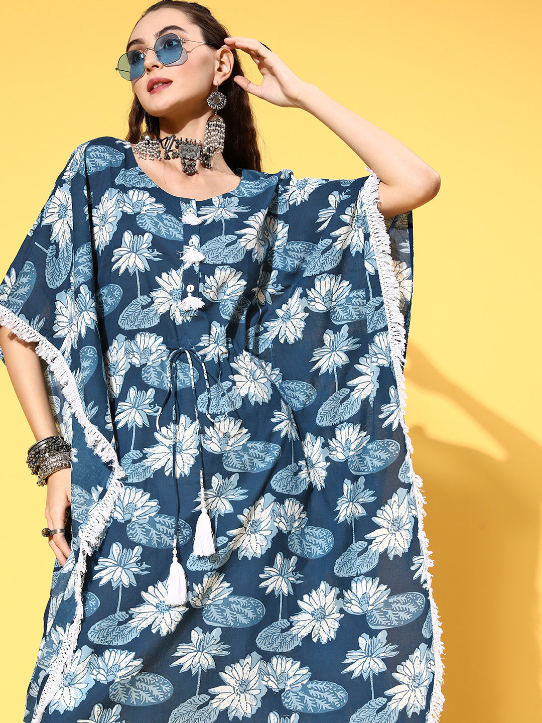 A Blue Cotton Floral Printed Kaftan With With Laced Embellishments