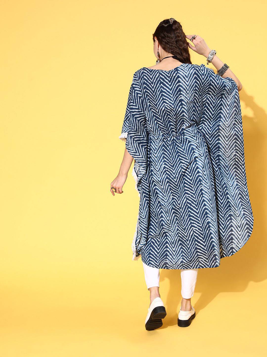 A Blue Color Cotton Pigment Zig-Zag Printed Kaftan With With Laced Embellishments