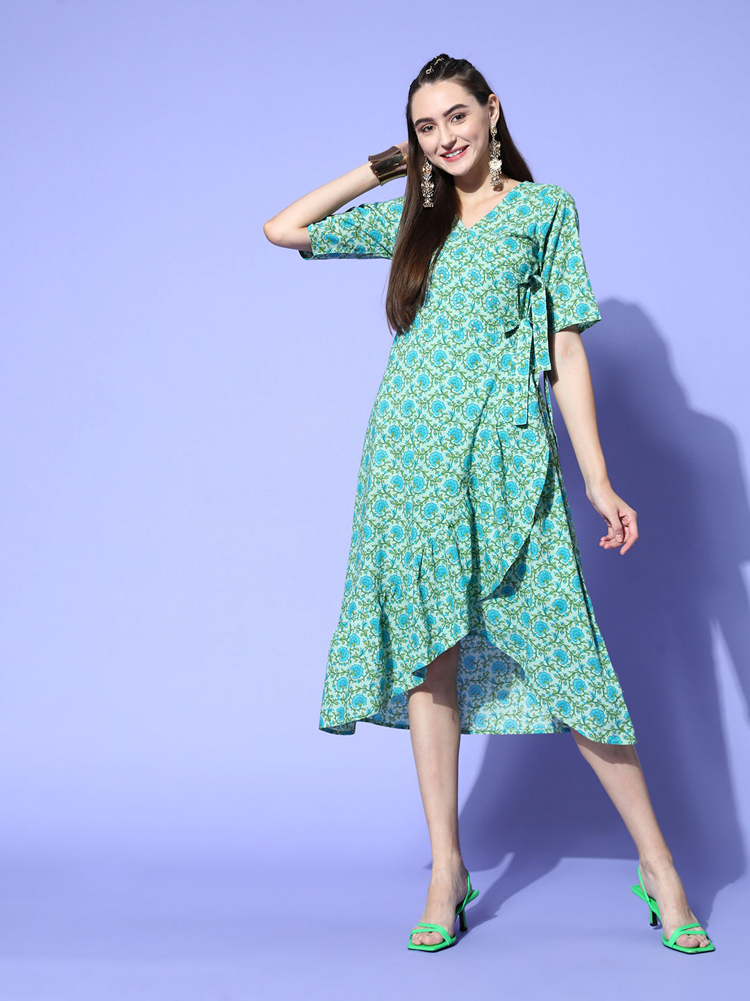 A Green Floral Cotton Embroidered Flared Dress With Short Sleeves And Tie-Up Belt