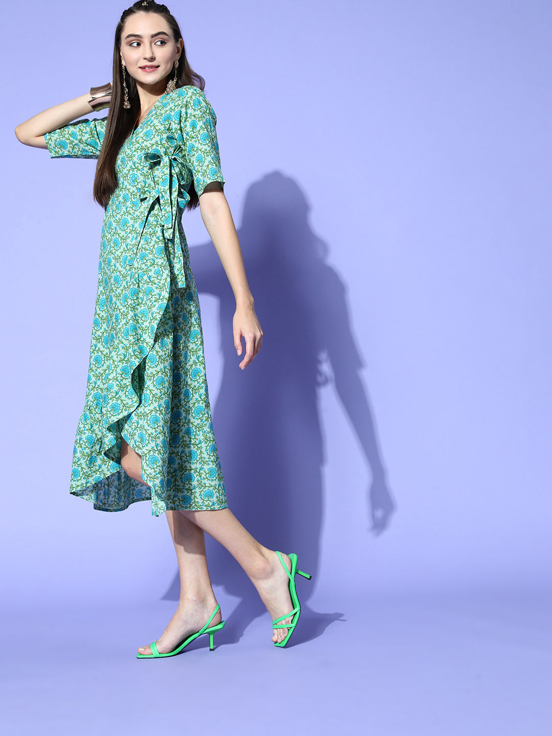 A Green Floral Cotton Embroidered Flared Dress With Short Sleeves And Tie-Up Belt