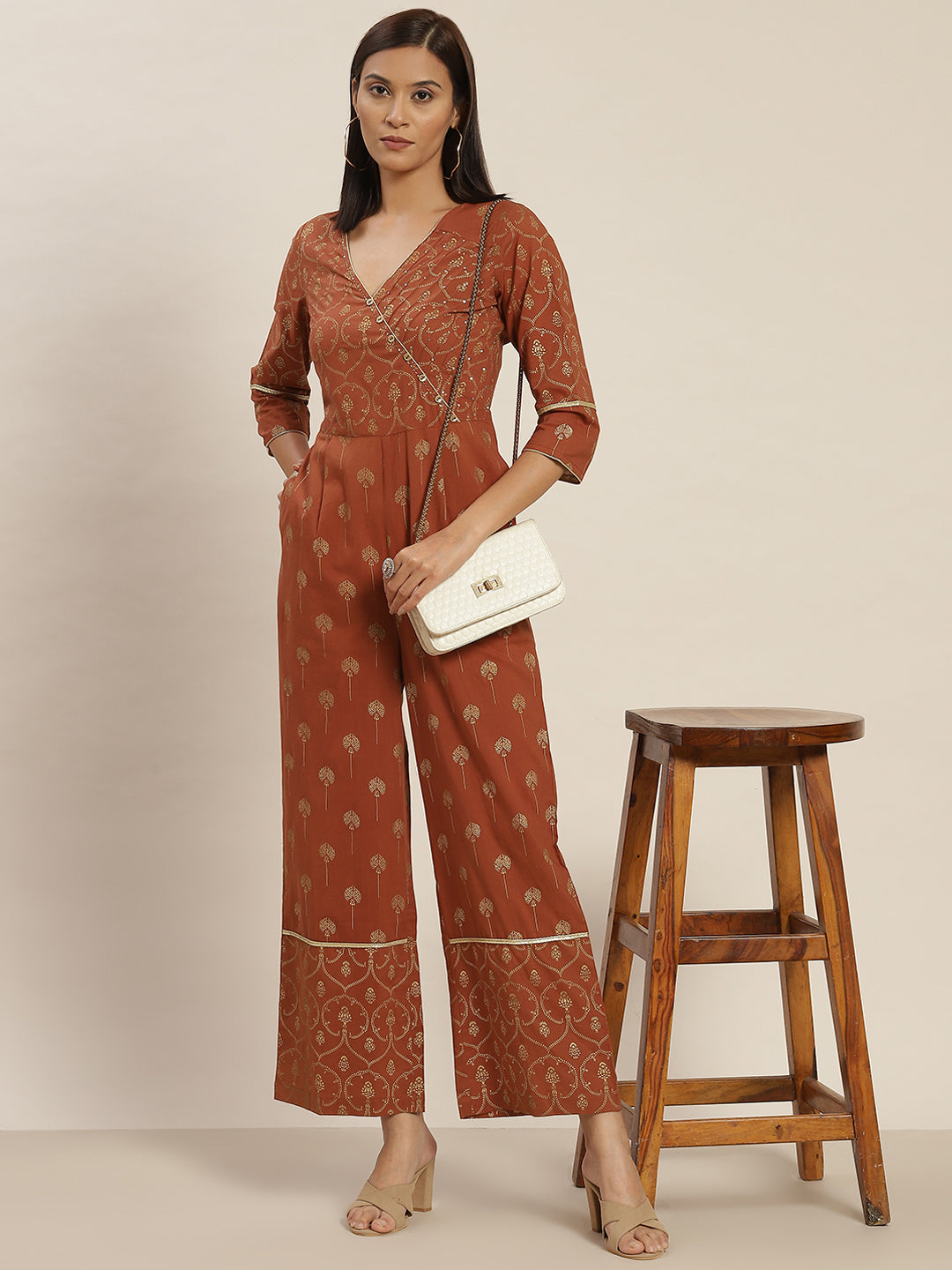 Golden Pigment Print Cotton Rust Ethinic Jumpsuit With Angrakha Style Neckline