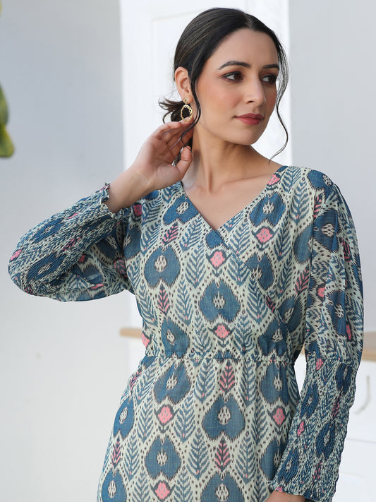 Blue Ikat Digital Printed Wrap Look Gerogette Dress