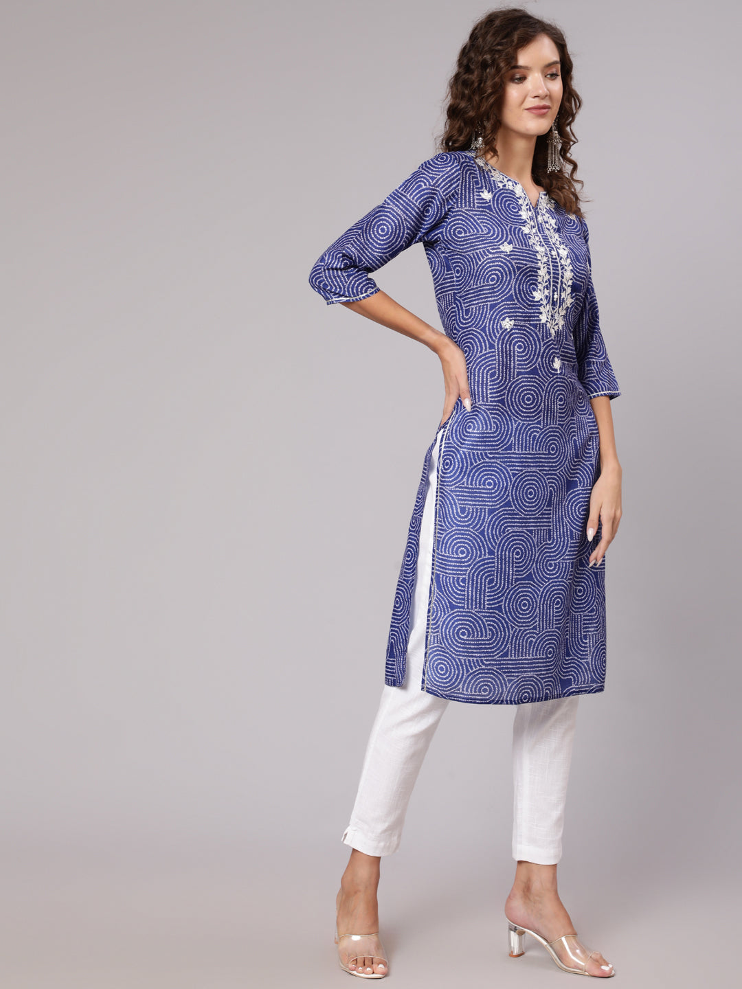 Blue Mirror Work Embroidered Muslin Straight Kurta With White Cotton Straight Fit Tousers