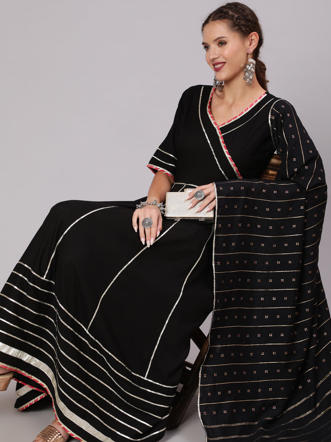 Jaipur Kurti Womens Rayon Solid Black Gota Embellished Anarkali Kurta With Chanderi Dupatta