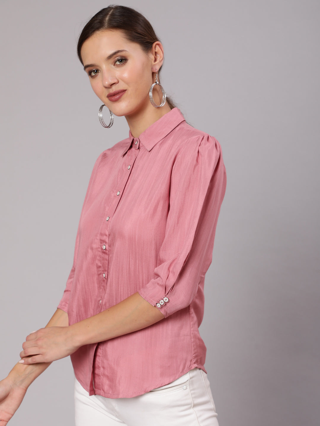 A Pink Color Silk Blend Solid Shirt With Puffed Sleeves And Front Opening