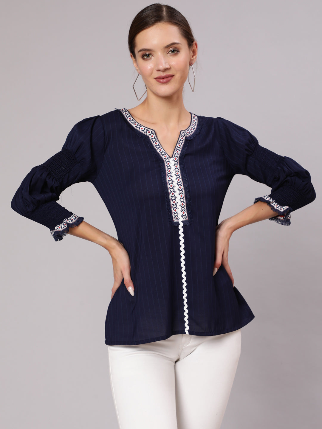 A Blue Poly Silk Lace Embellished Top With Smocked Sleeves