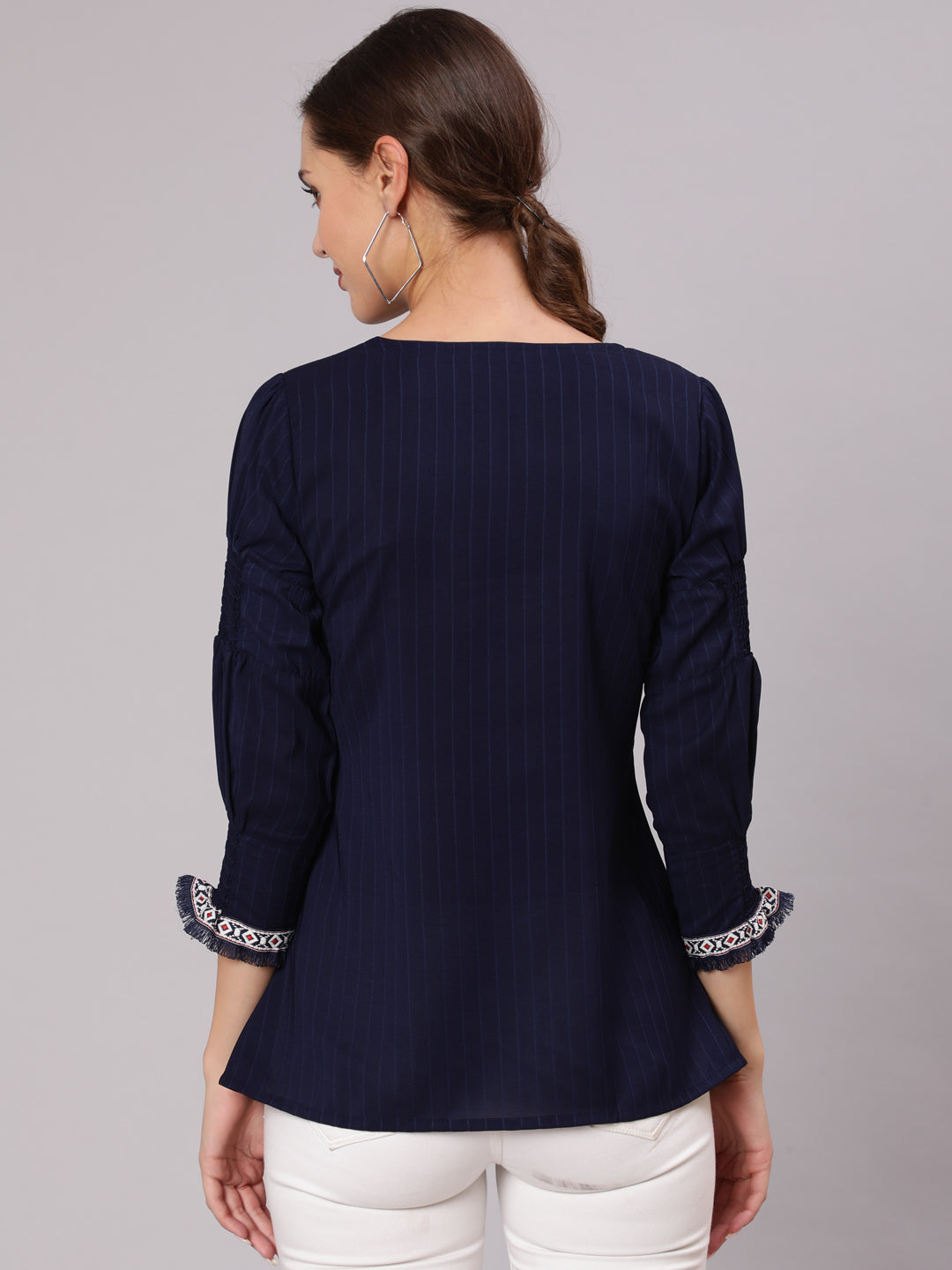 A Blue Poly Silk Lace Embellished Top With Smocked Sleeves