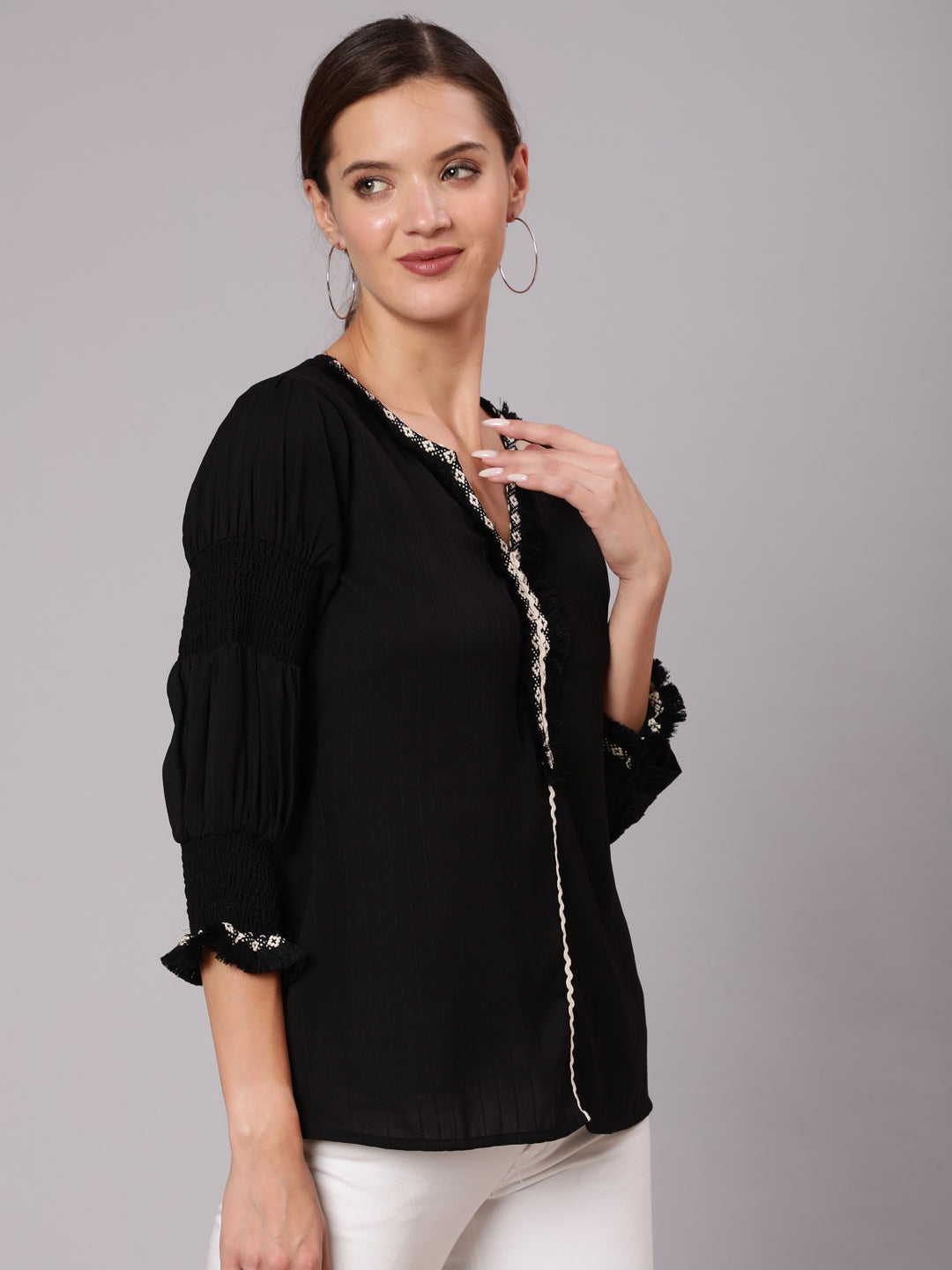 A Black Poly Silk Lace Embellished Top With Smocked Sleeves
