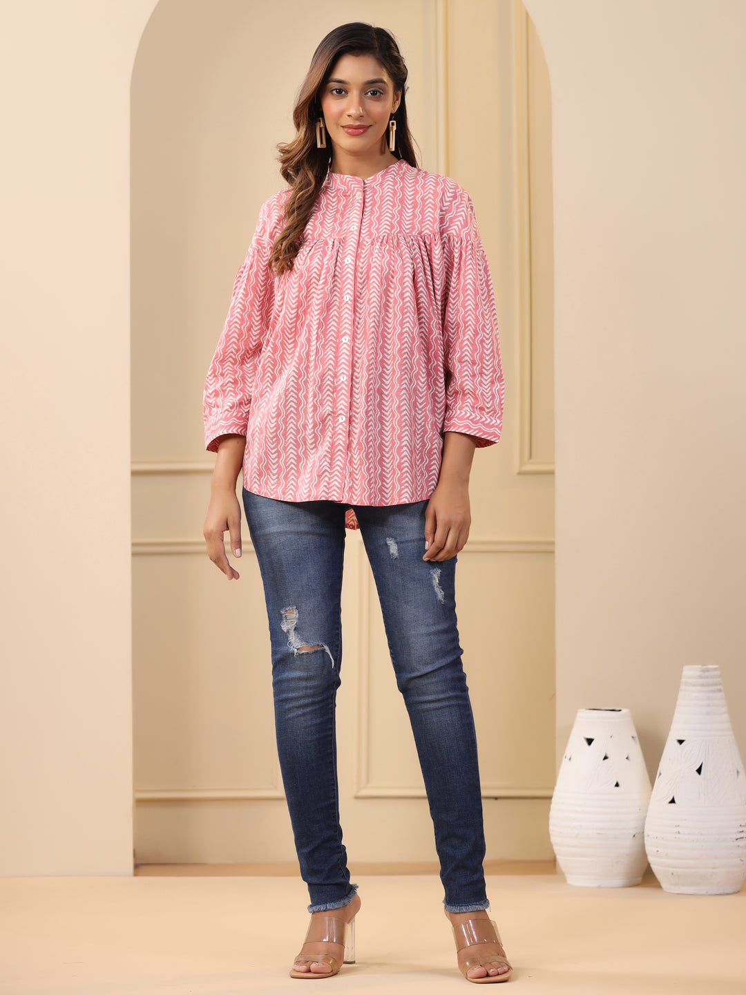 Pink Gathered Loose Fit Printed Top