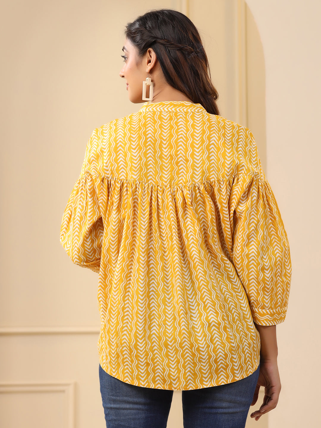 Yellow Gathered Loose Fit Printed Top