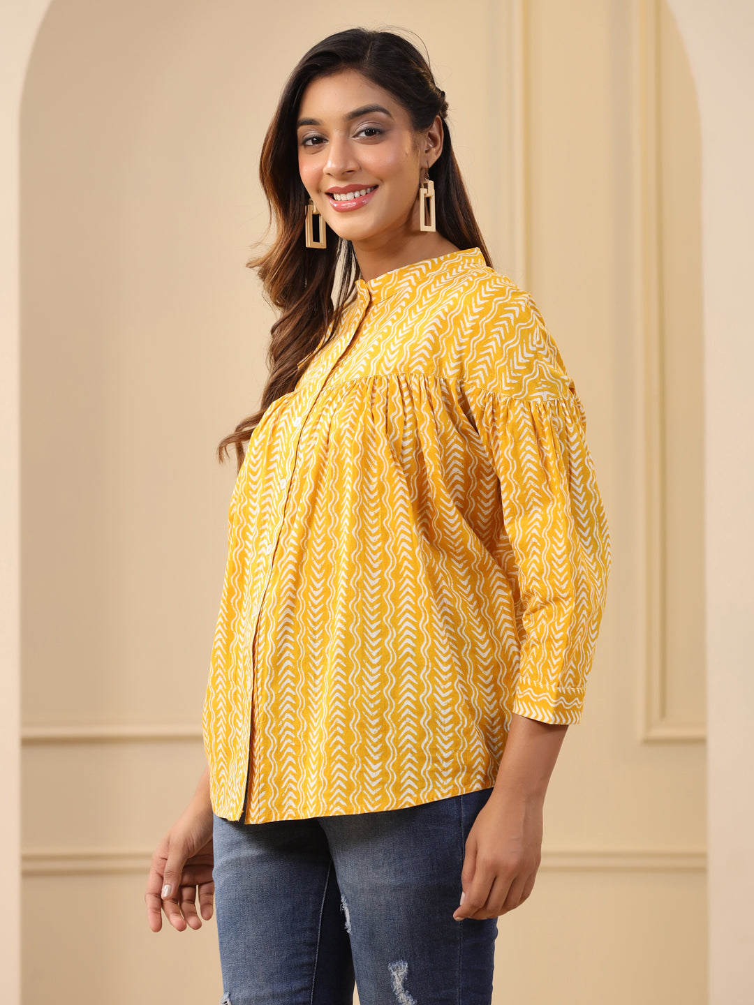 Yellow Gathered Loose Fit Printed Top