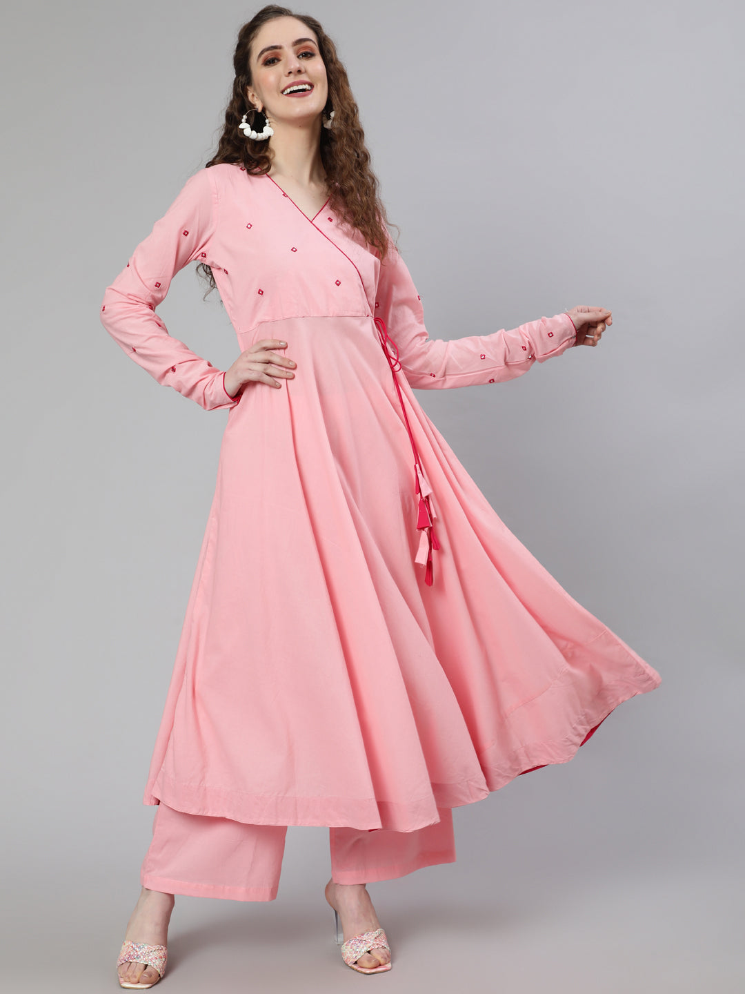 Pink Mirror Embroidered Anarkali Kurta With Flared Pink Palazzo