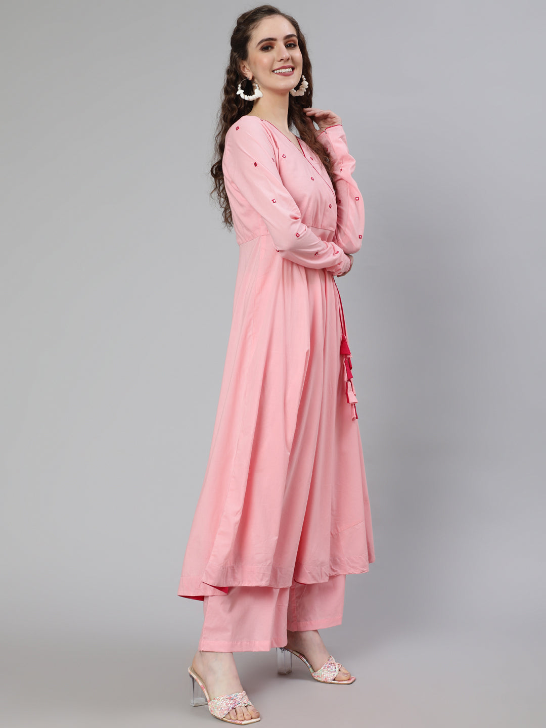 Pink Mirror Embroidered Anarkali Kurta With Flared Pink Palazzo