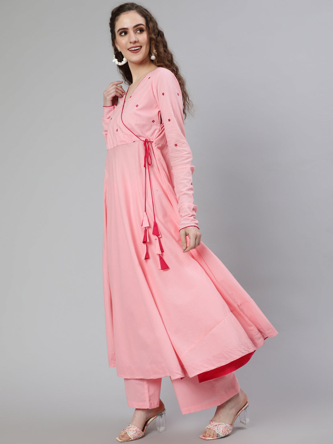 Pink Mirror Embroidered Anarkali Kurta With Flared Pink Palazzo