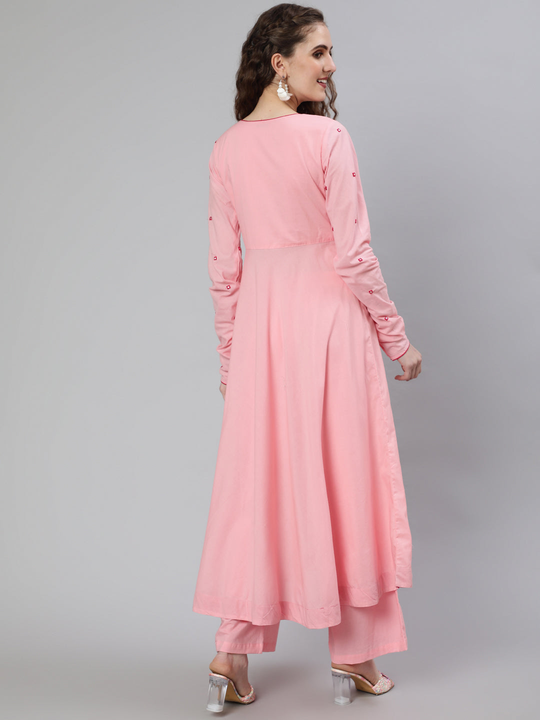 Pink Mirror Embroidered Anarkali Kurta With Flared Pink Palazzo