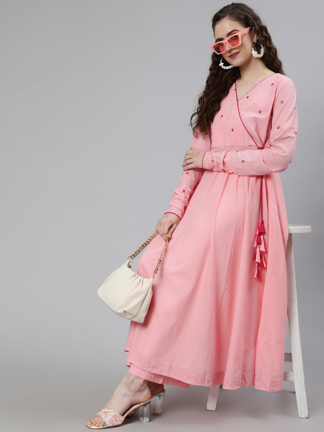 Pink Mirror Embroidered Anarkali Kurta With Flared Pink Palazzo