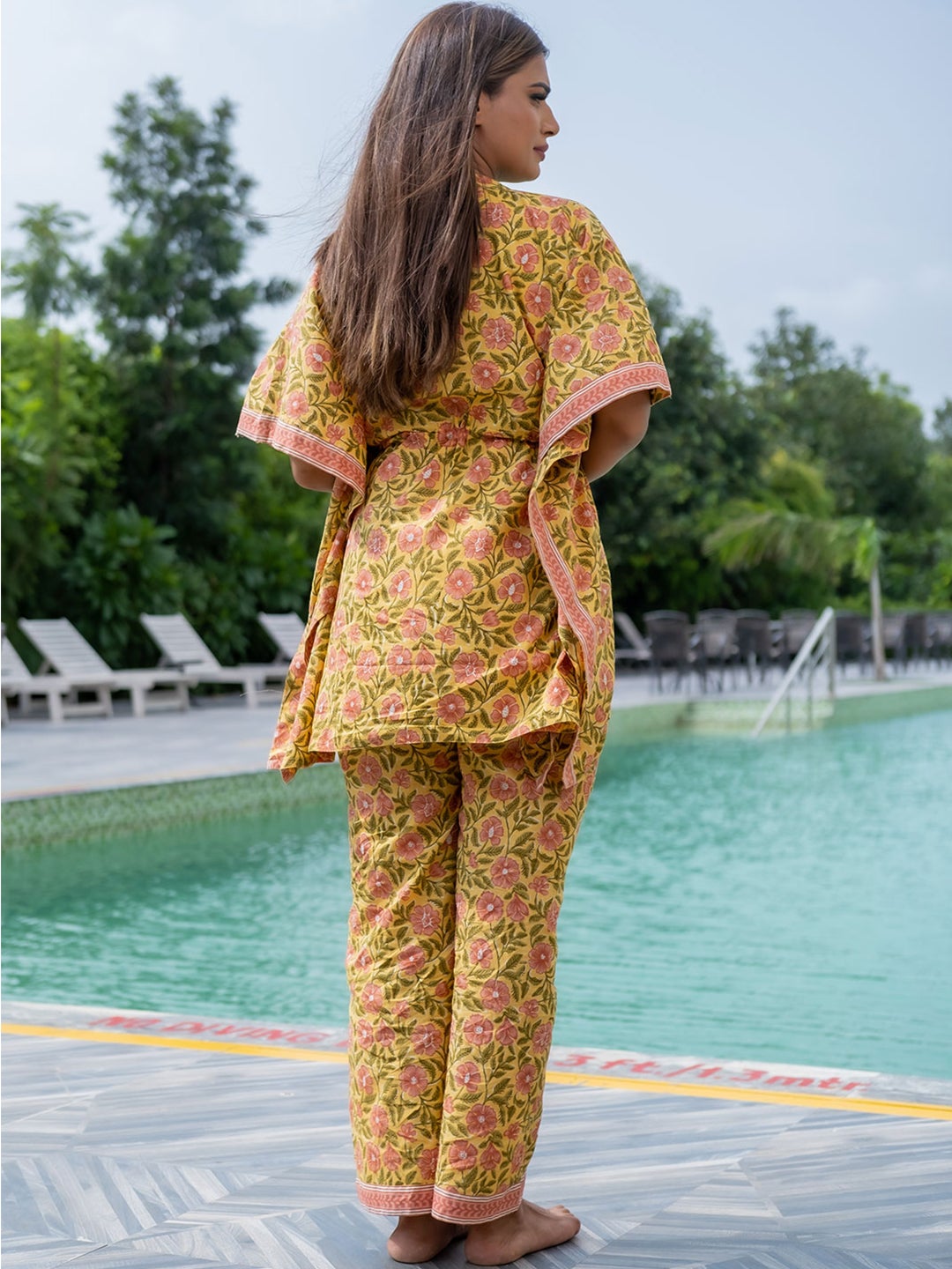 Yellow Ethnic Print Cotton Loungewear Set with Side Pocket