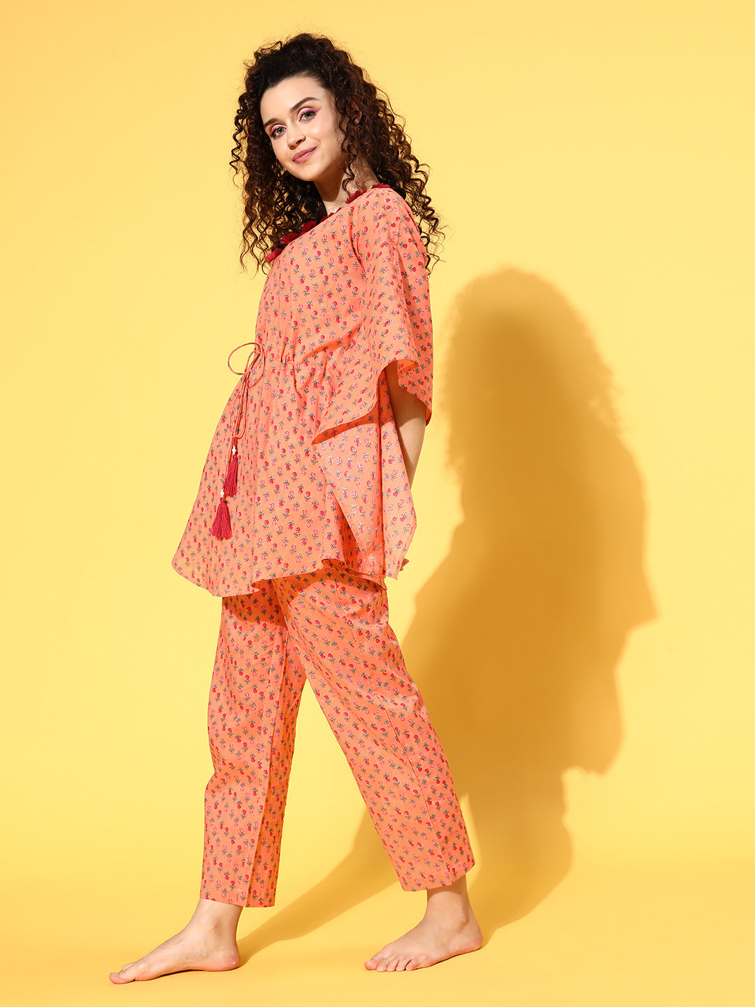 A Peach Color Floral Tasseled Cotton Printed Loungewear Set With A Kaftan And A Pant