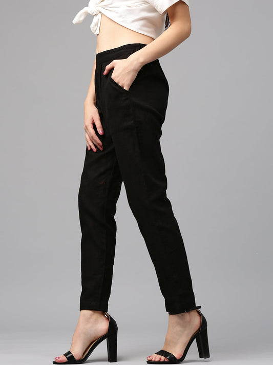 Black Solid Cotton Slub Straight Pants