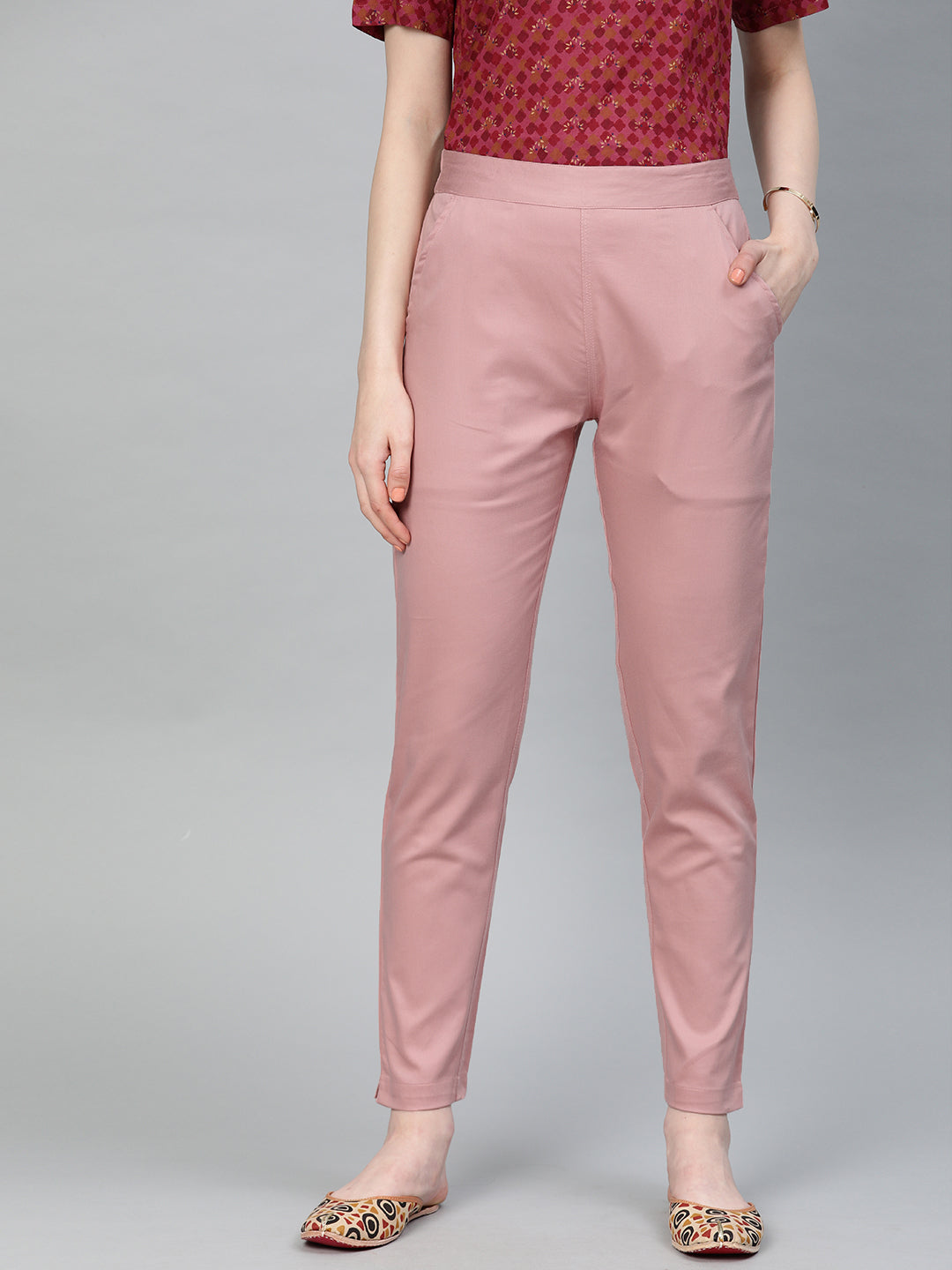 Shop Blush Pink Solid Cotton Lycra Pant