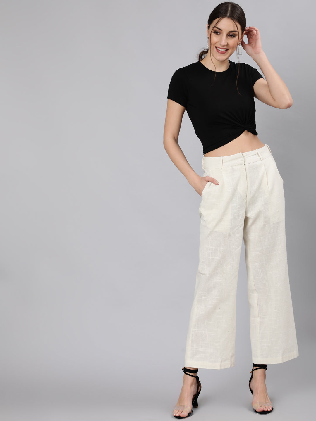White Cotton MulMul Elasticated Parallel Pant with drawstings and pockets