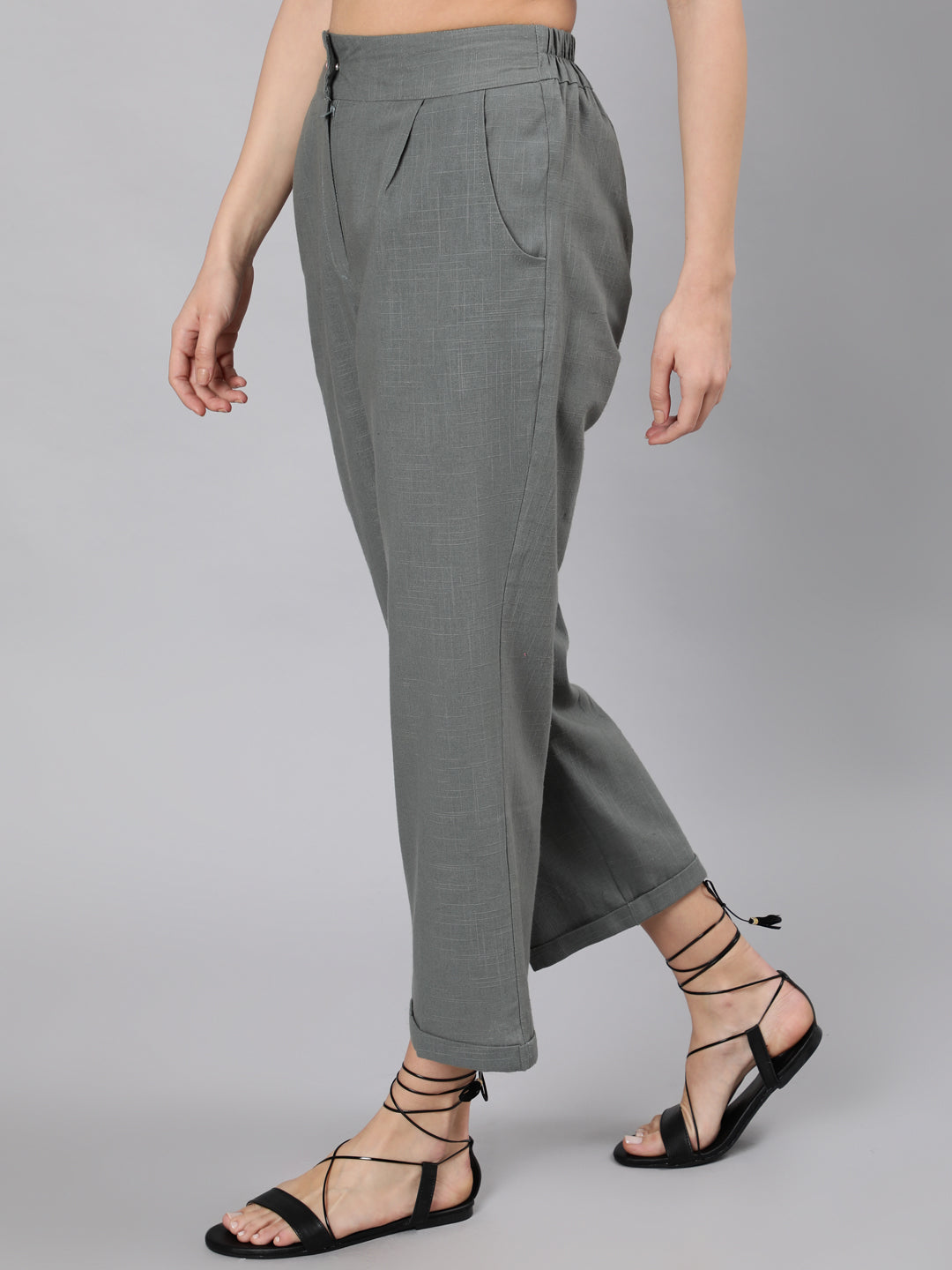 Fashion Woman Ladies Linen Blend Shirred Cuff Crop Trouser - Grey | Konga  Online Shopping