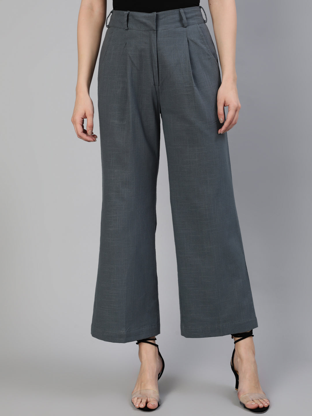 Shop Charcoal Grey Cotton Slub Flared High Rise Parallel Pants