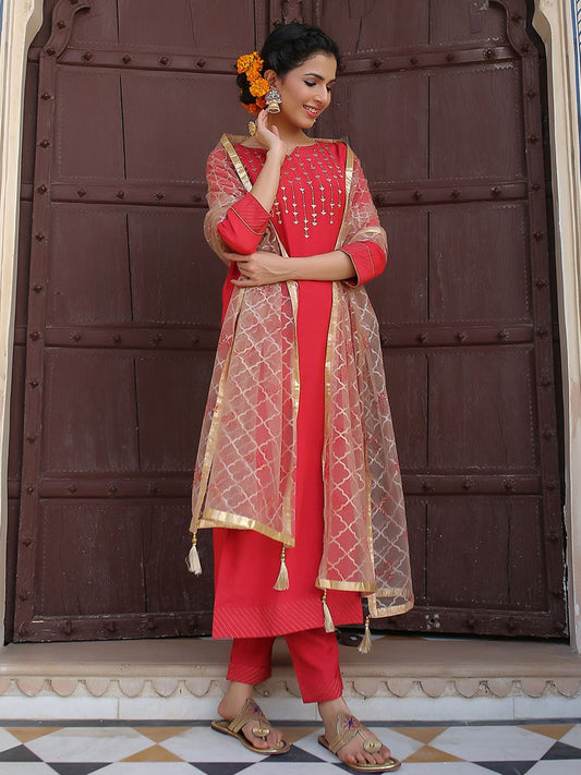 Red & Brown Embroidered Straight Viscose Musline Kurta with Pants & Dupatta