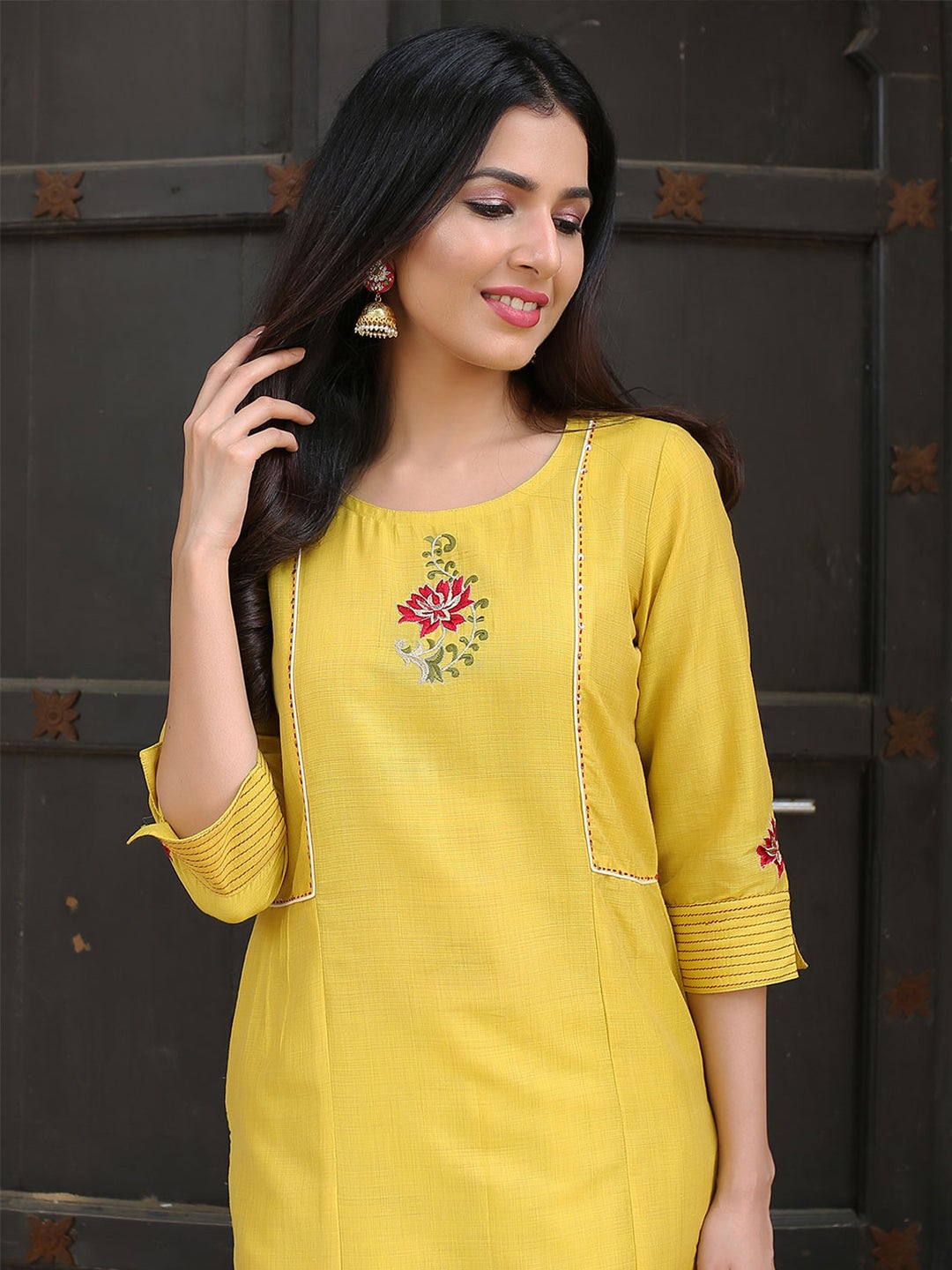 Yellow Yoke Design Handloom Straight Kurta with Trousers