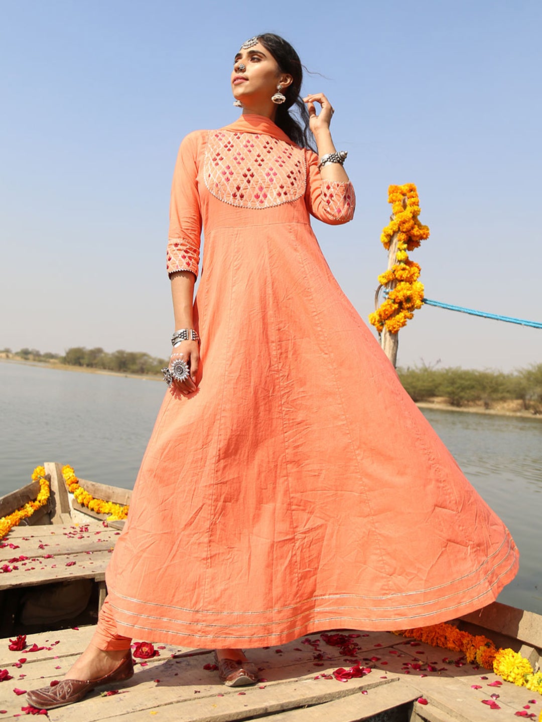 Peach Solid Anarkali Cotton Kurta With Churidar & Dupatta