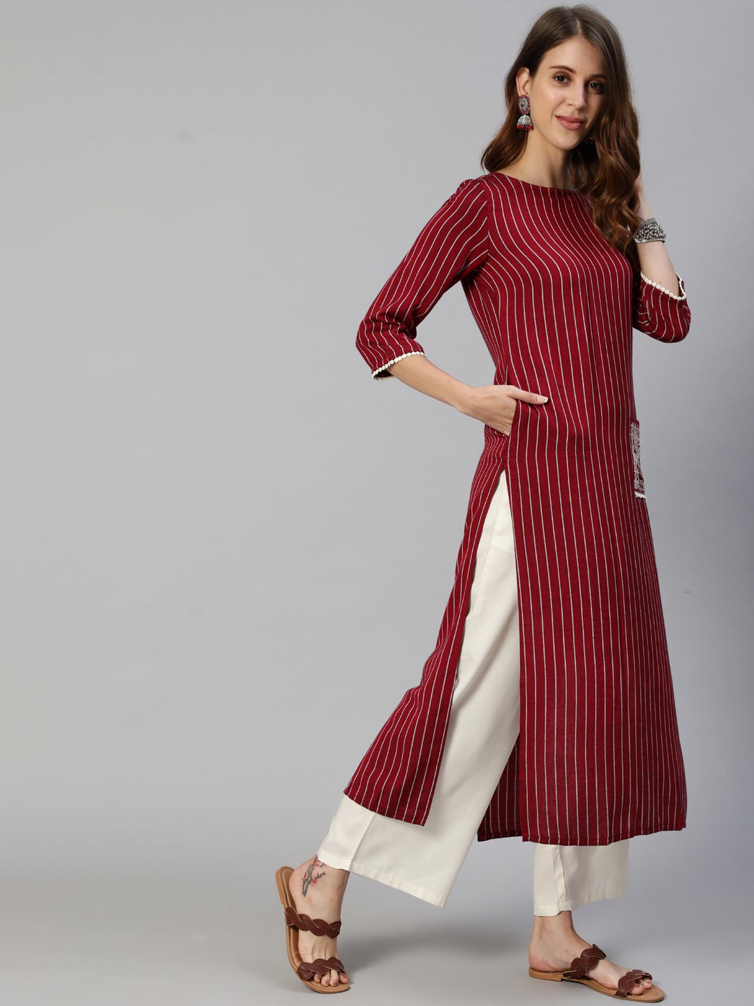 Maroon Yarn Dyed Embroidered Straight Kurta With Pant Set