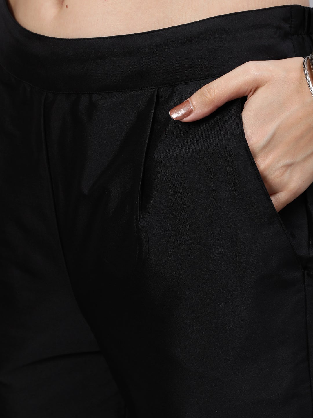 Black Solid Embroidered Silk Straight Kurta with Pants & Dupatta