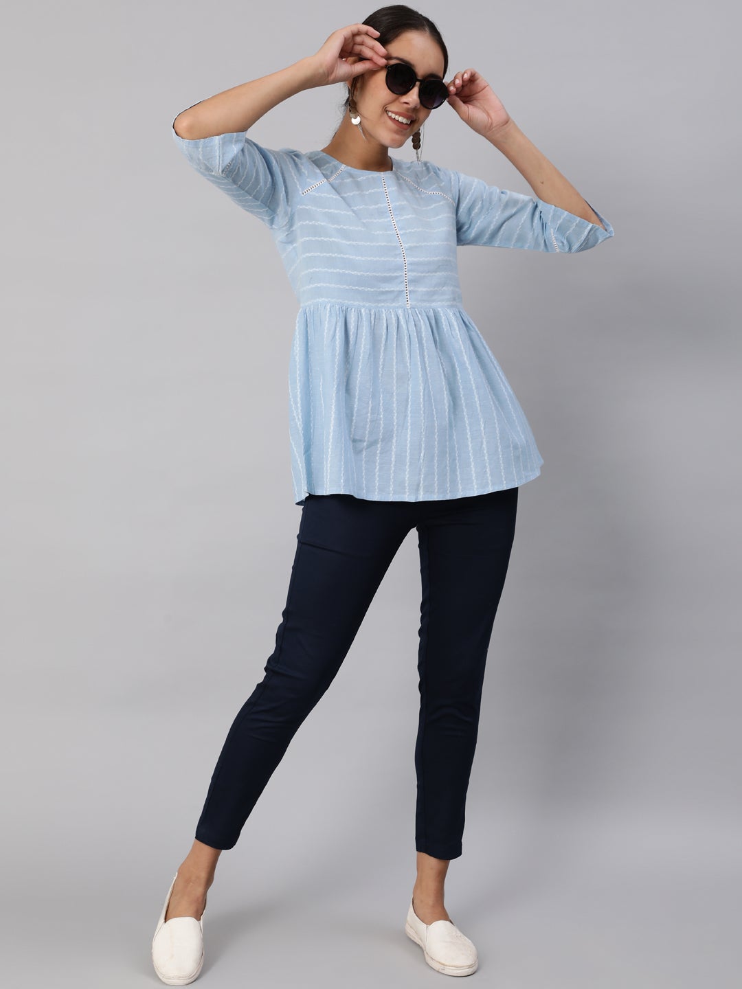 Light Blue Striped Empire Cotton Top and Pants