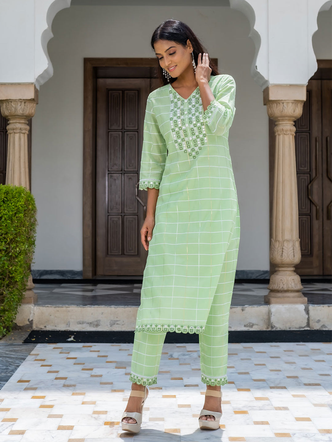 A Straight Checks Weave Chanderi Kurta And Pants With Embroidery