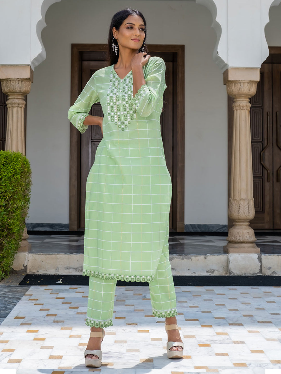 A Straight Checks Weave Chanderi Kurta And Pants With Embroidery