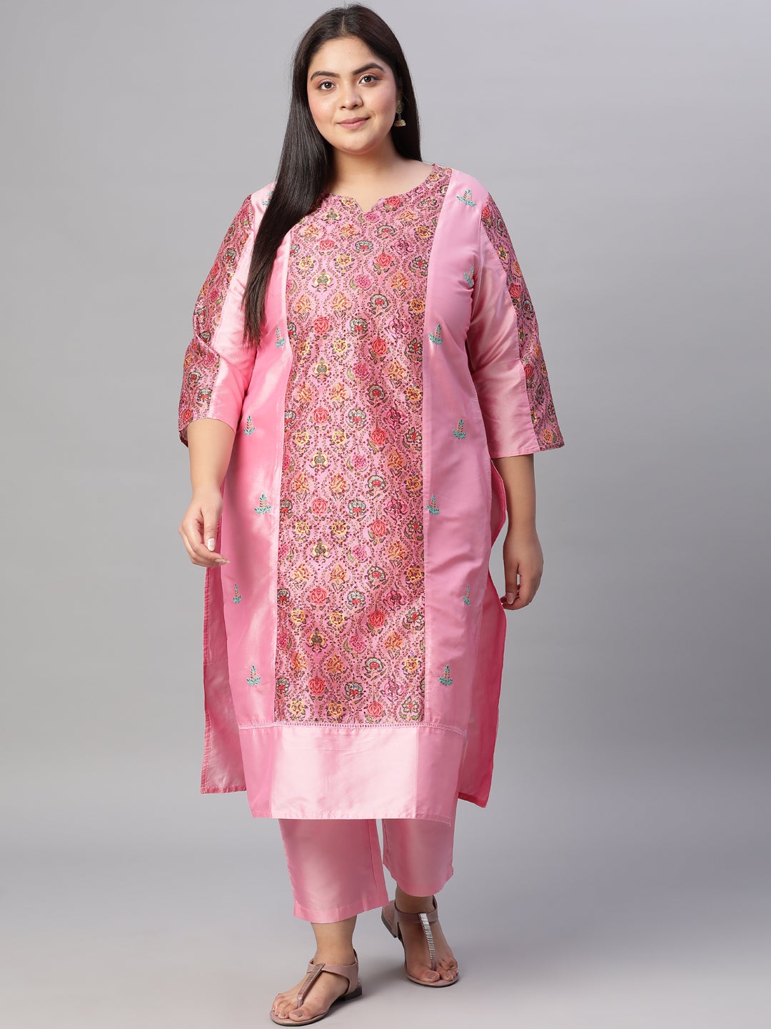 Pink Ethnic Print Chanderi Straight Kurta with Pants