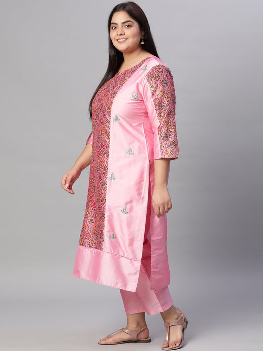 Pink Ethnic Print Chanderi Straight Kurta with Pants