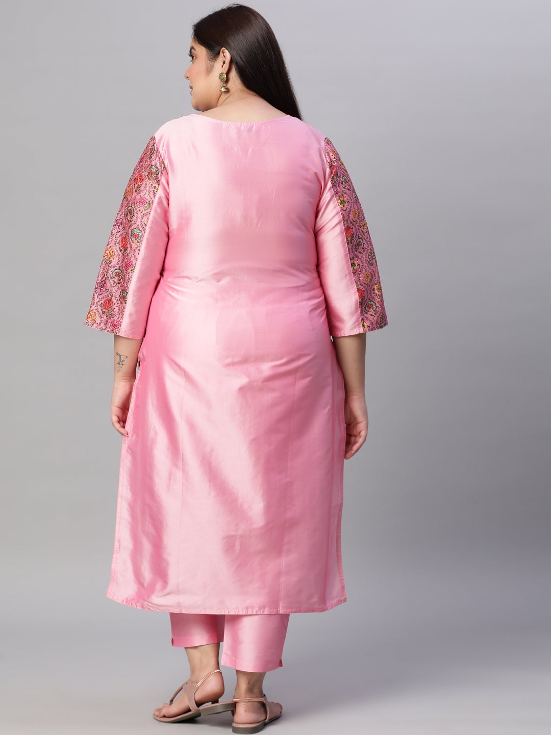 Pink Ethnic Print Chanderi Straight Kurta with Pants