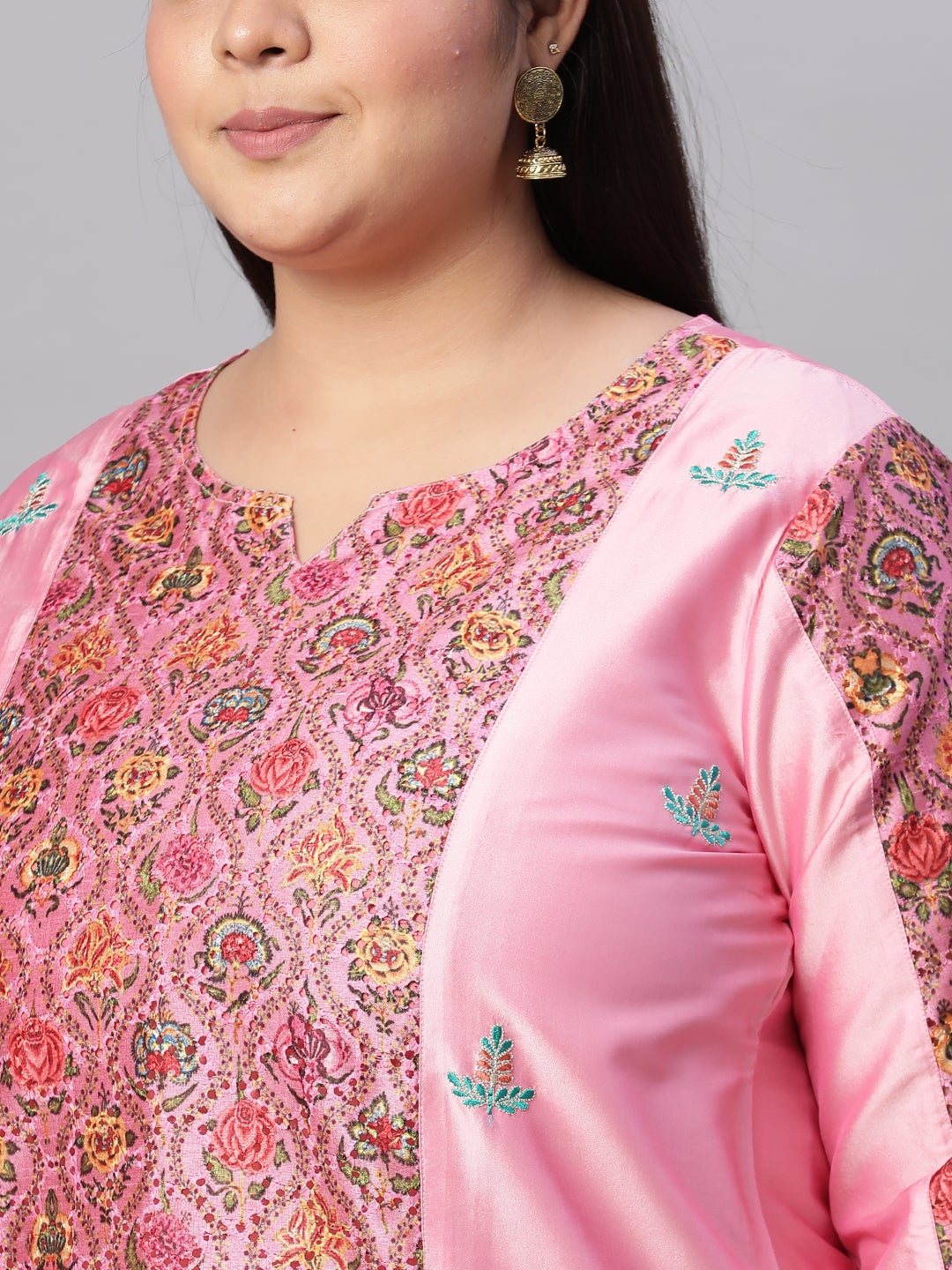 Pink Ethnic Print Chanderi Straight Kurta with Pants