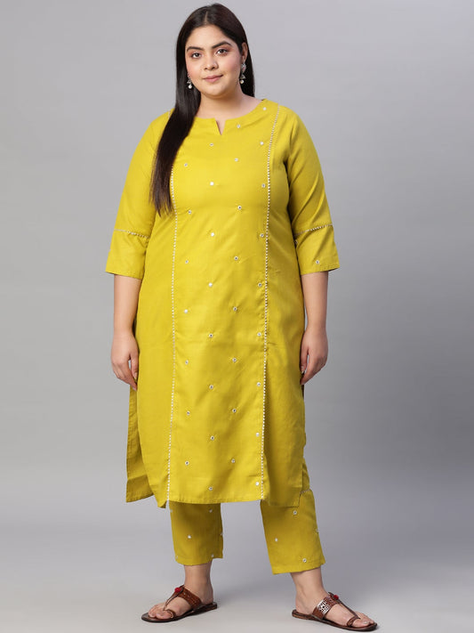 Olive Green Mirror Work Straight Kurta with Pants