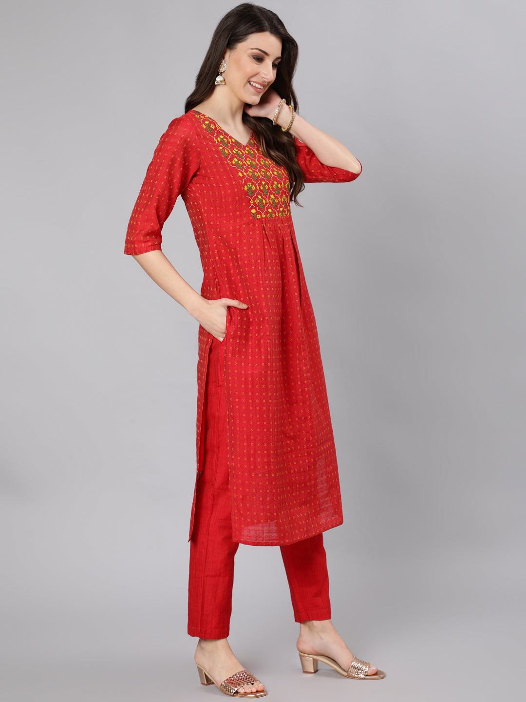Red Silk Embroidered Kurta With Pants And Dupatta
