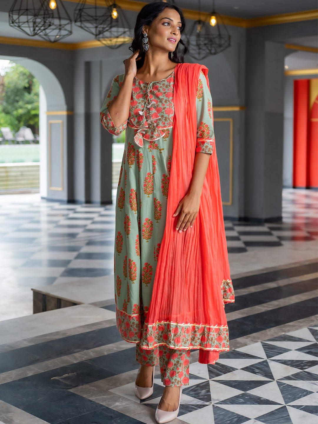 Ethnic Embellished Anarkali Suit With Pants And Dupatta