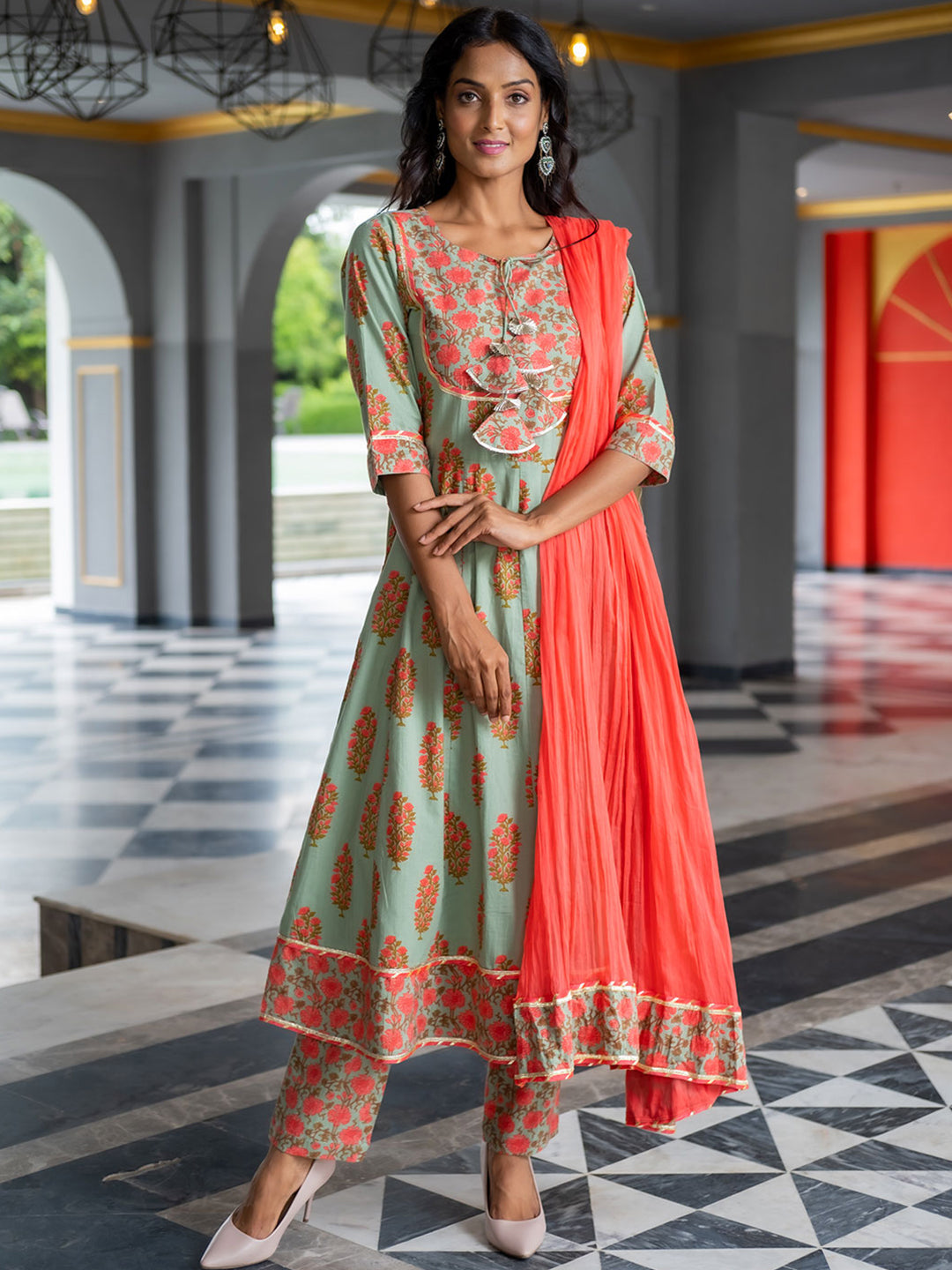 Ethnic Embellished Anarkali Suit With Pants And Dupatta