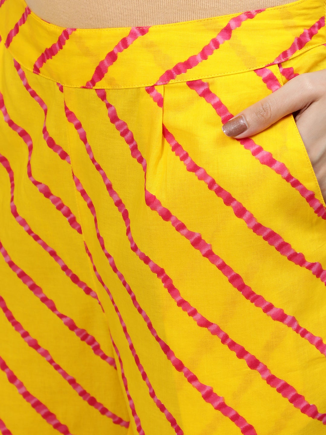 Yellow A-line Angrakha Leheriya Kurta with Pants & Dupatta