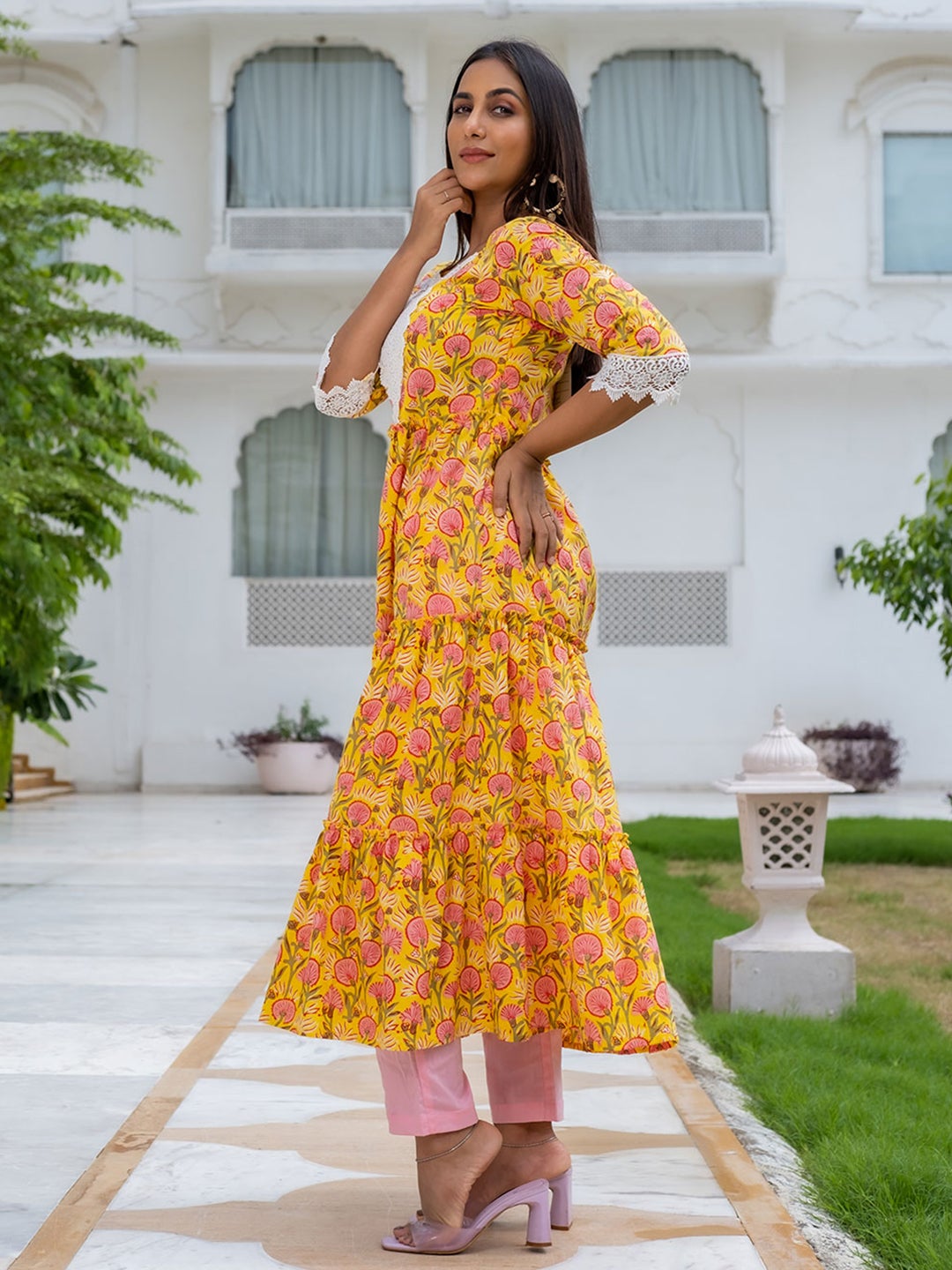 Tier Printed Flared Kurta With Cotton Pant